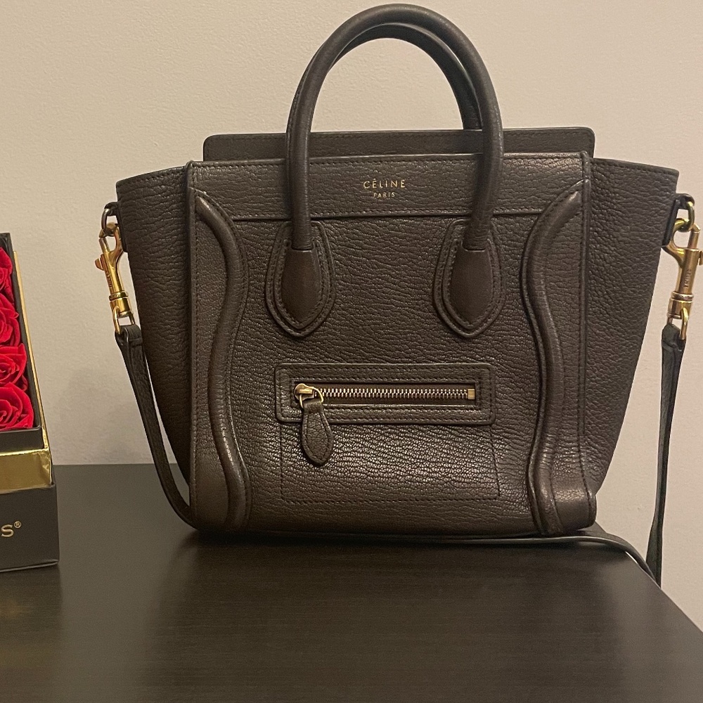 Celine Nano Luggage Bag in Drummed Calfskin Brown